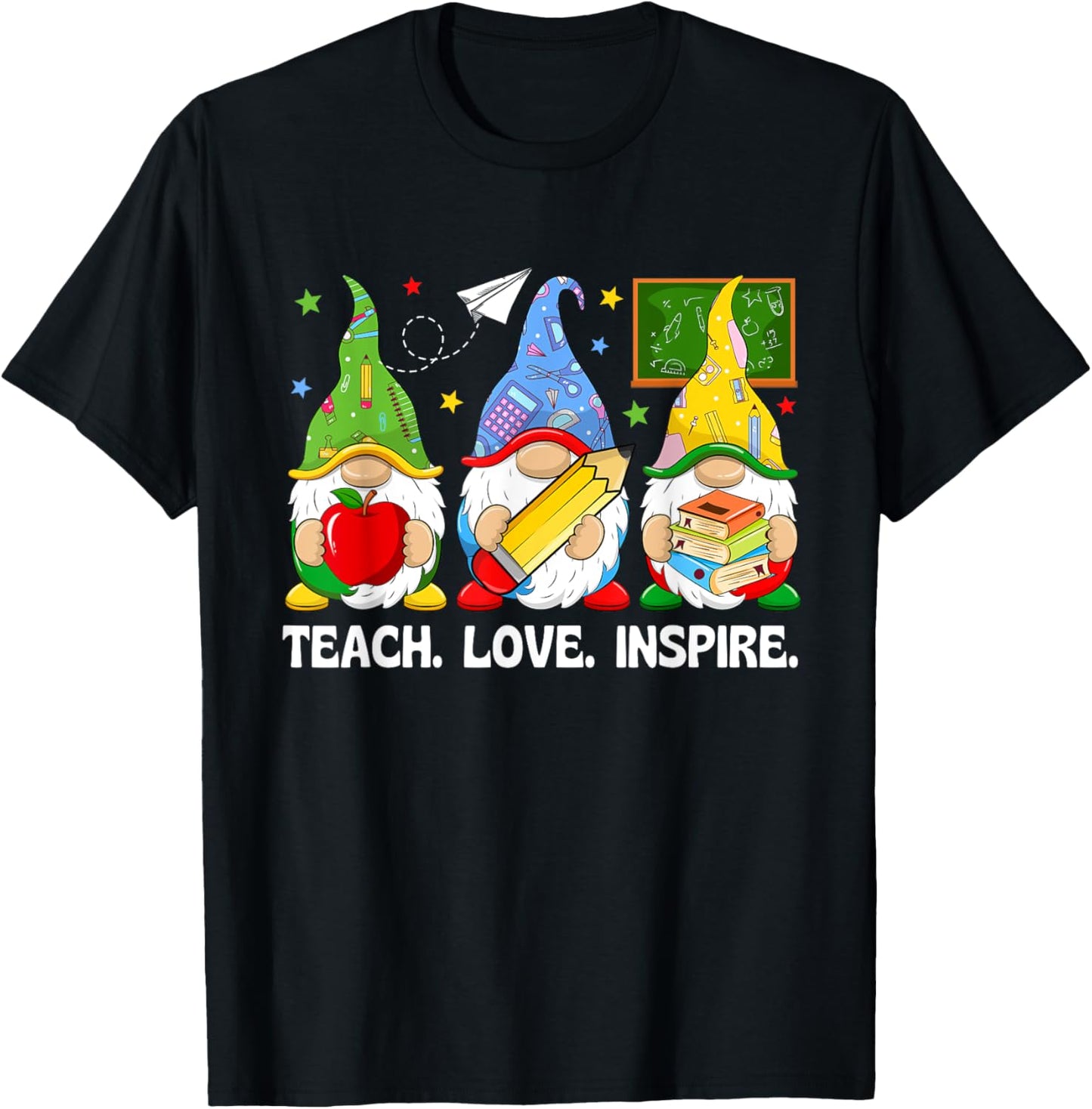 Cute Gnomes Teach Love And Inspire Back To School Teacher T-Shirt - T-Shirt | Black