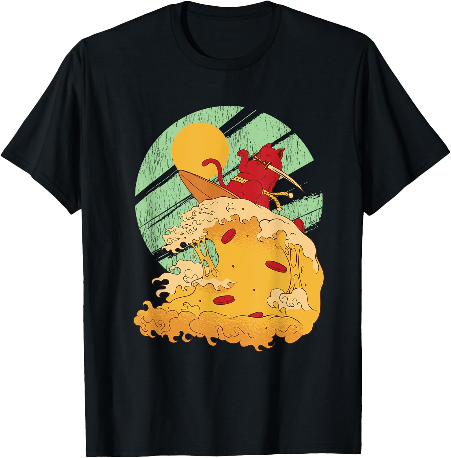 Surfing Japan Samurai Cat Vintage Surf Board T-Shirt - T-Shirt | Black