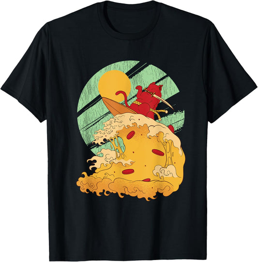 Surfing Japan Samurai Cat Vintage Surf Board T-Shirt - T-Shirt | Black