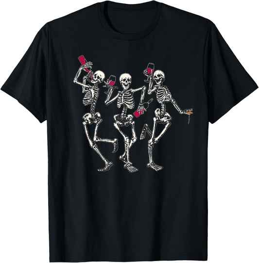 Dancing Skeletons drinking wine lover Funny Halloween scary T-Shirt - T-Shirt | Black