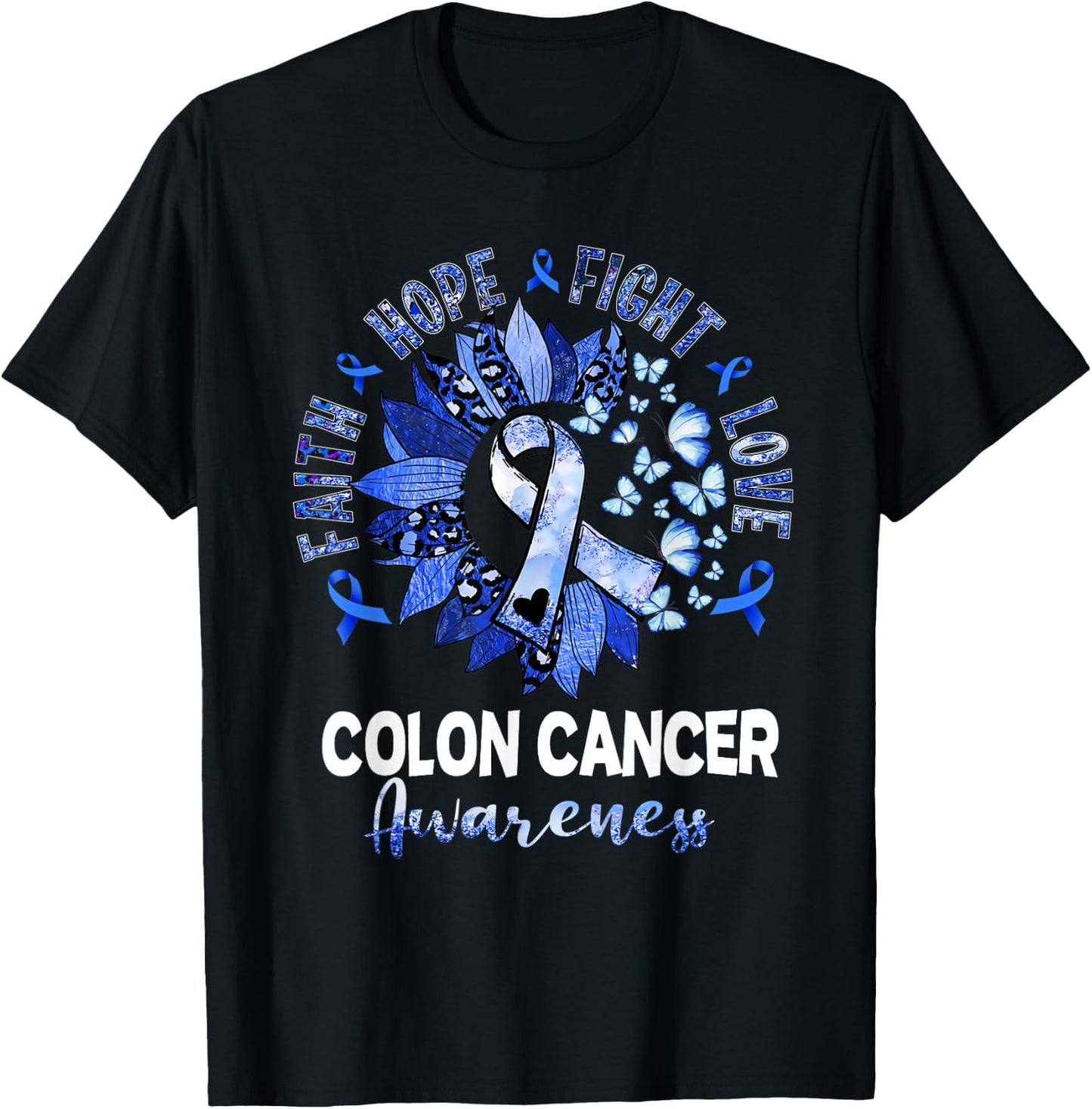 Sunflower Pink Ribbon Flower Leopard Colon Cancer Awareness T-Shirt - T-Shirt | Black