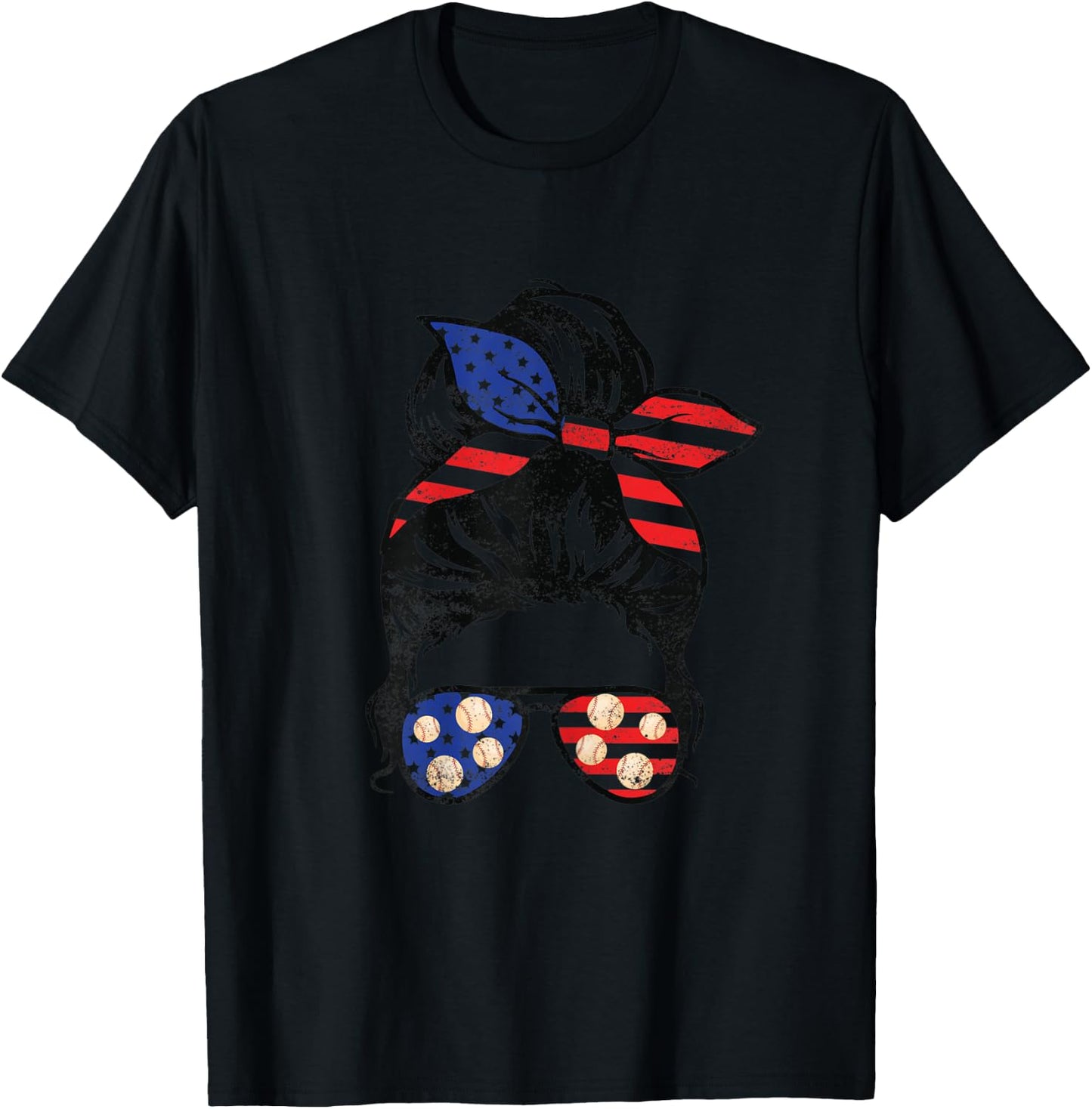 American Flag Baseball Messy Bun Vintage Patriotic 4th July T-Shirt - T-Shirt | Black