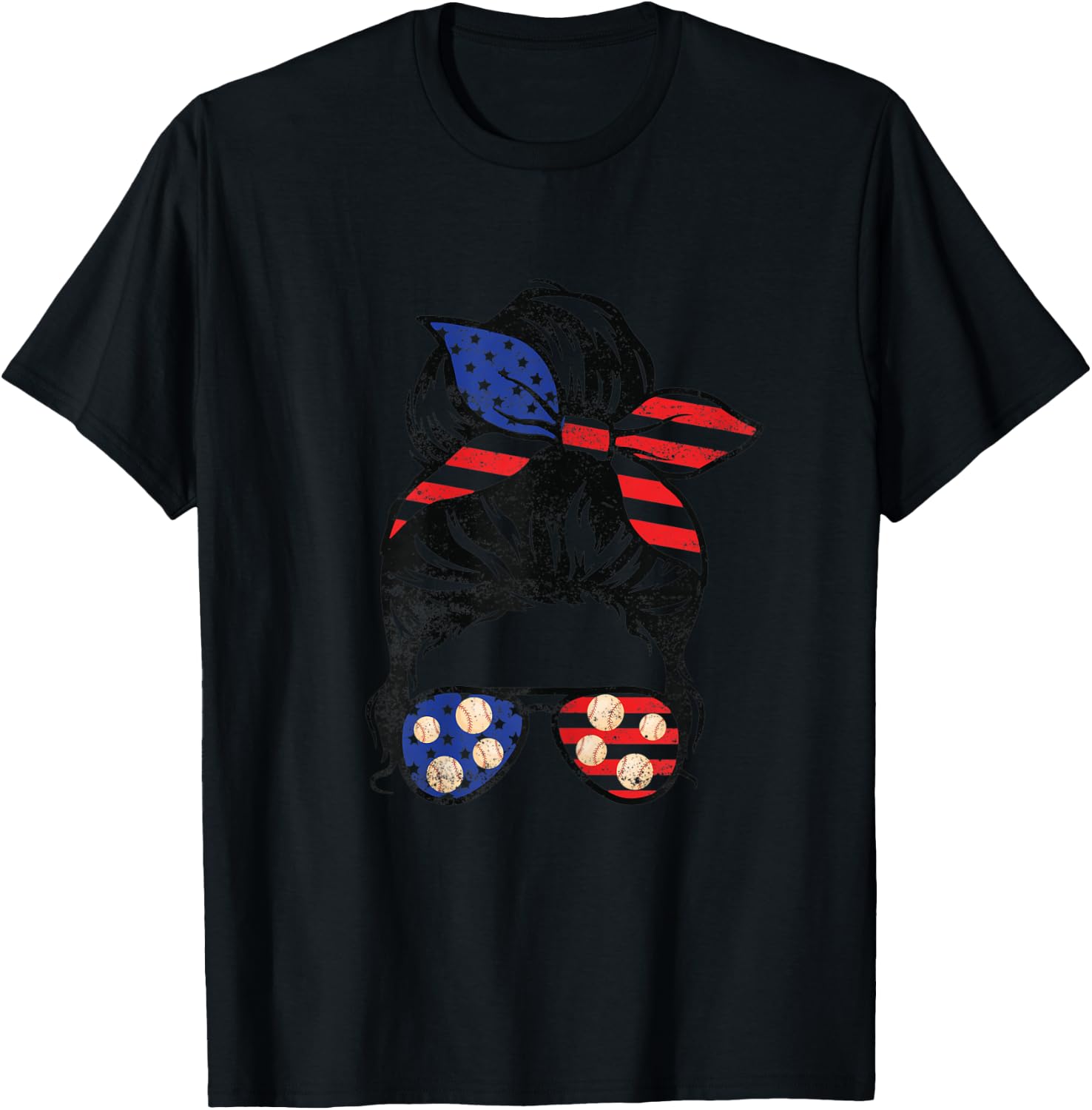 American Flag Baseball Messy Bun Vintage Patriotic 4th July T-Shirt - T-Shirt | Black