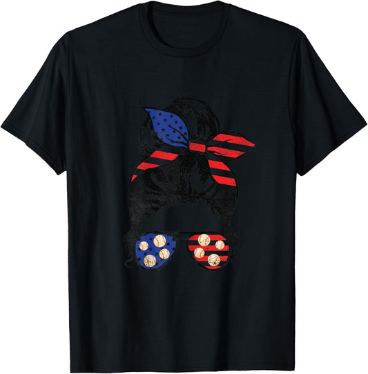 American Flag Baseball Messy Bun Vintage Patriotic 4th July T-Shirt - T-Shirt | Black