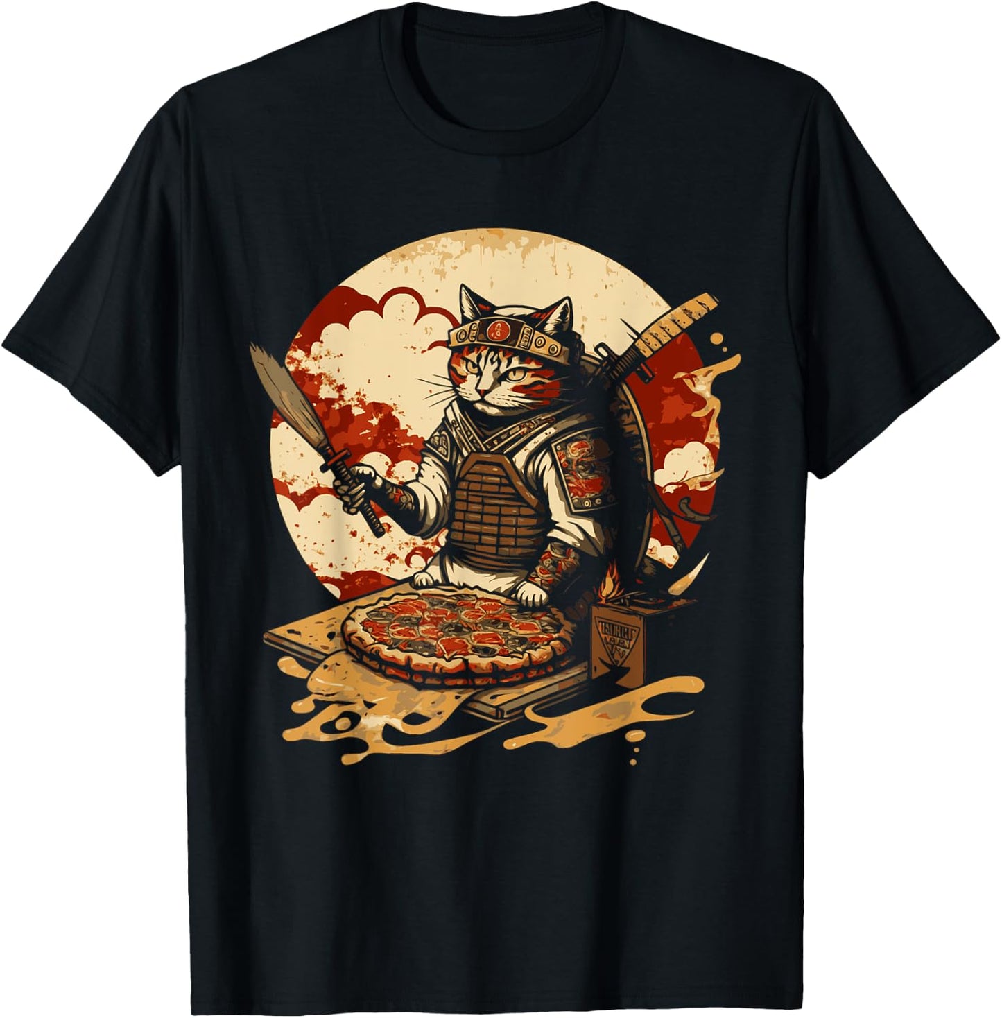 Japanese Sunset Samurai Cat Eat Pizza Anime Ninja Kitten Women T-Shirt - T-Shirt | Black