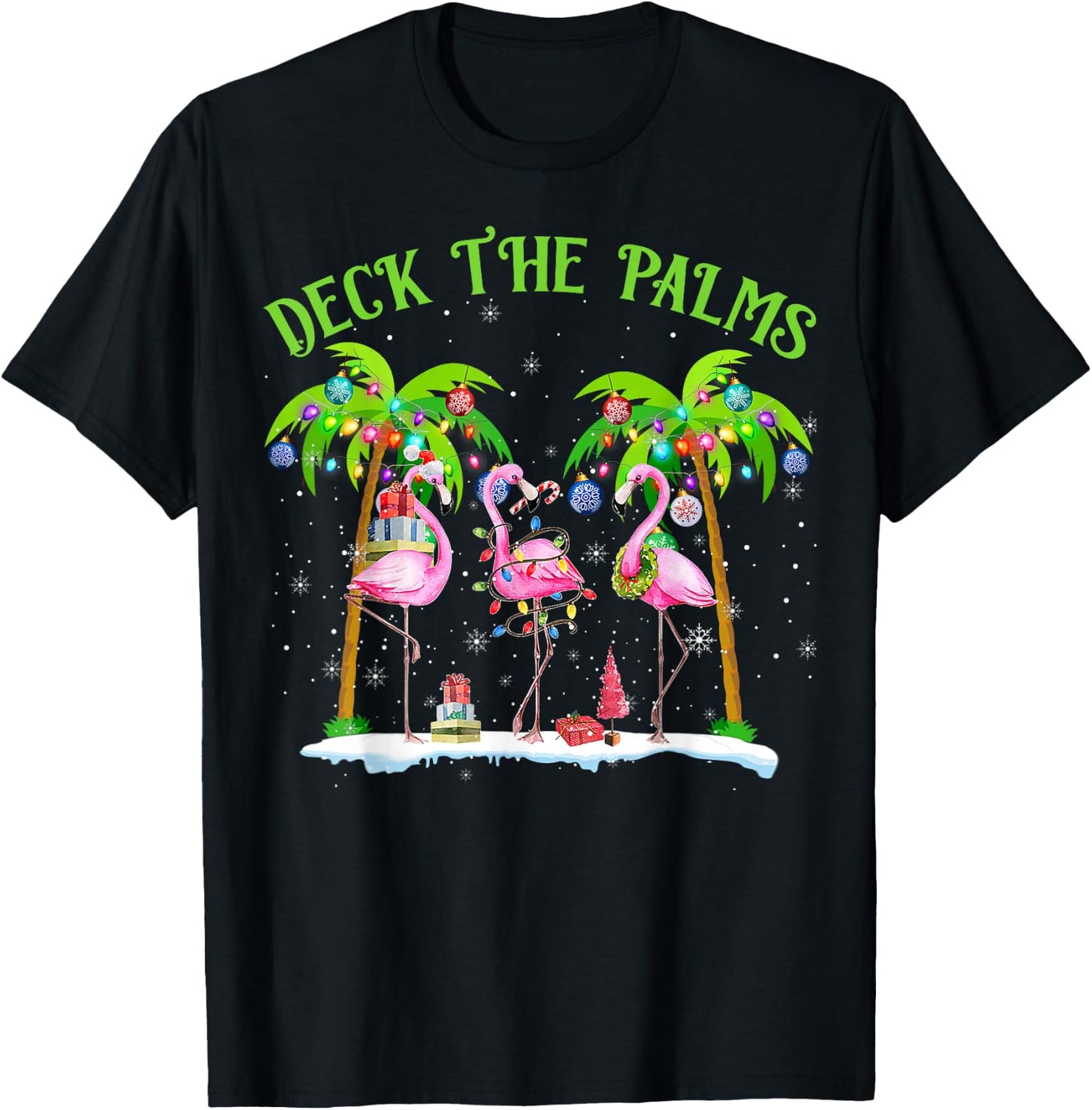 Deck The Palms Flamingo Tropical Christmas Lights Palm Tree T-Shirt - T-Shirt | Black