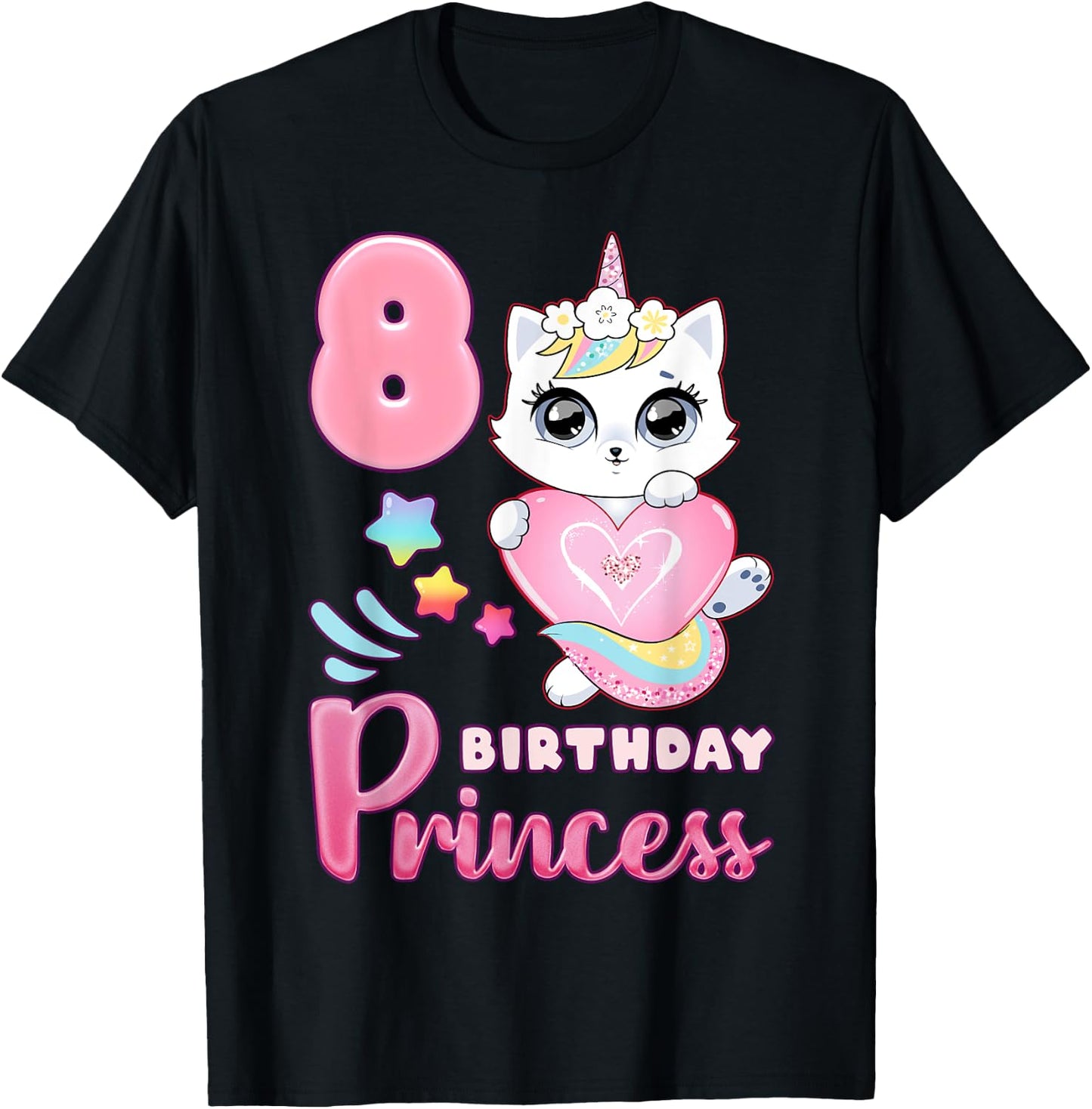 Girl, 8th birthday, unicorn cat, number 8 T-Shirt - T-Shirt | Black