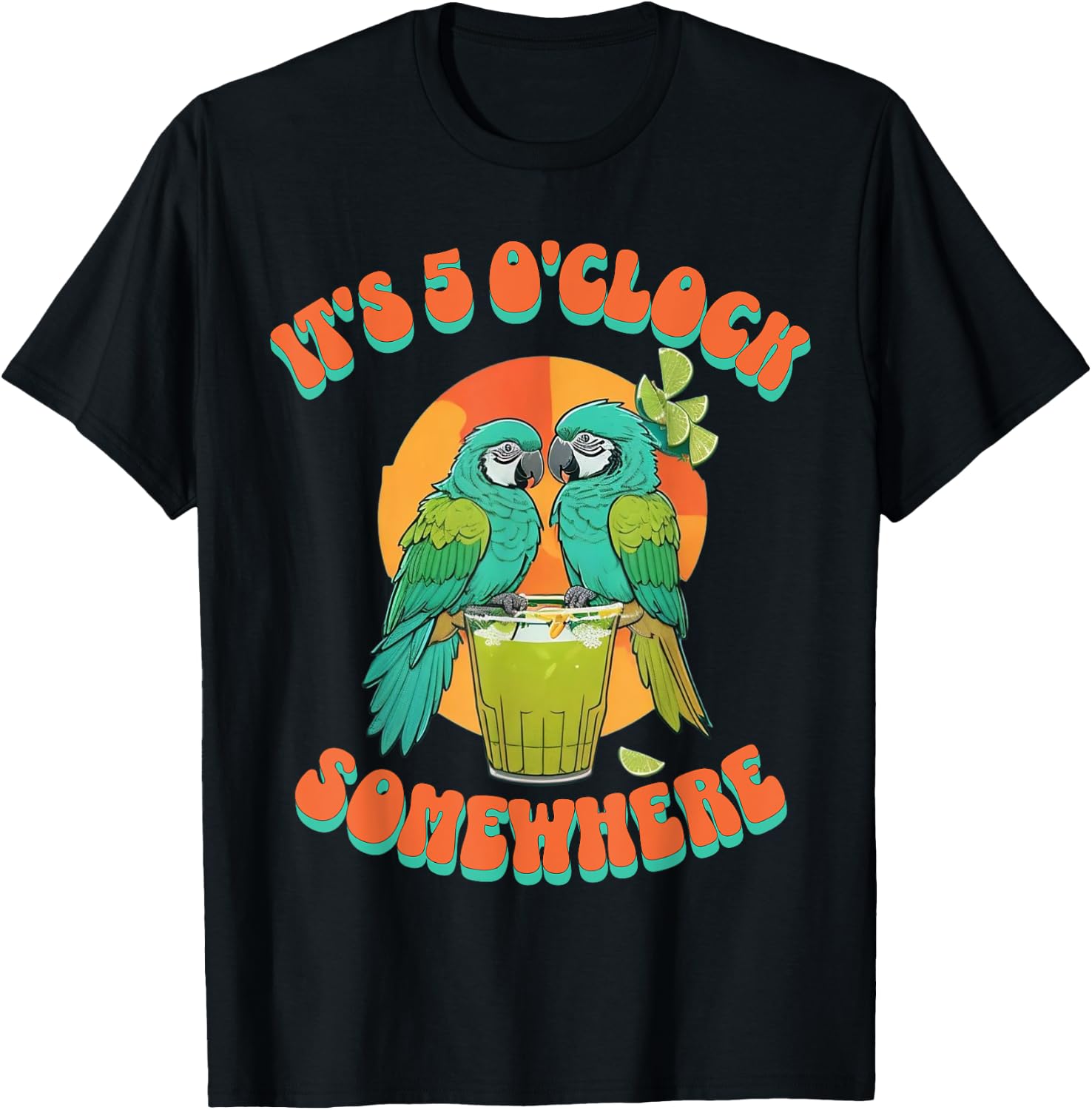 Vintage It's 5 O'clock Somewhere Parrots Drinking Cocktail T-Shirt - T-Shirt | Black