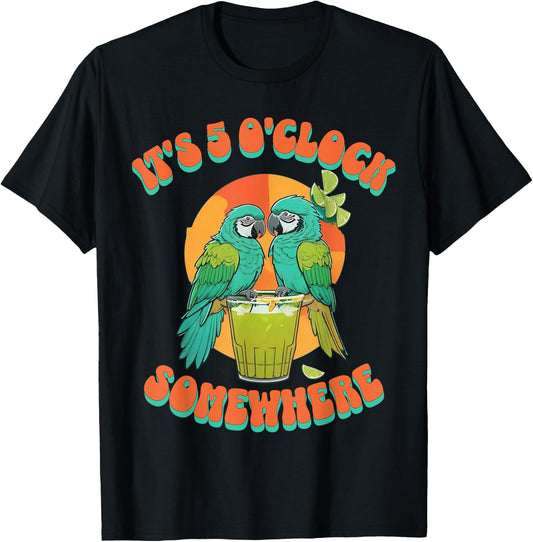 Vintage It's 5 O'clock Somewhere Parrots Drinking Cocktail T-Shirt - T-Shirt | Black