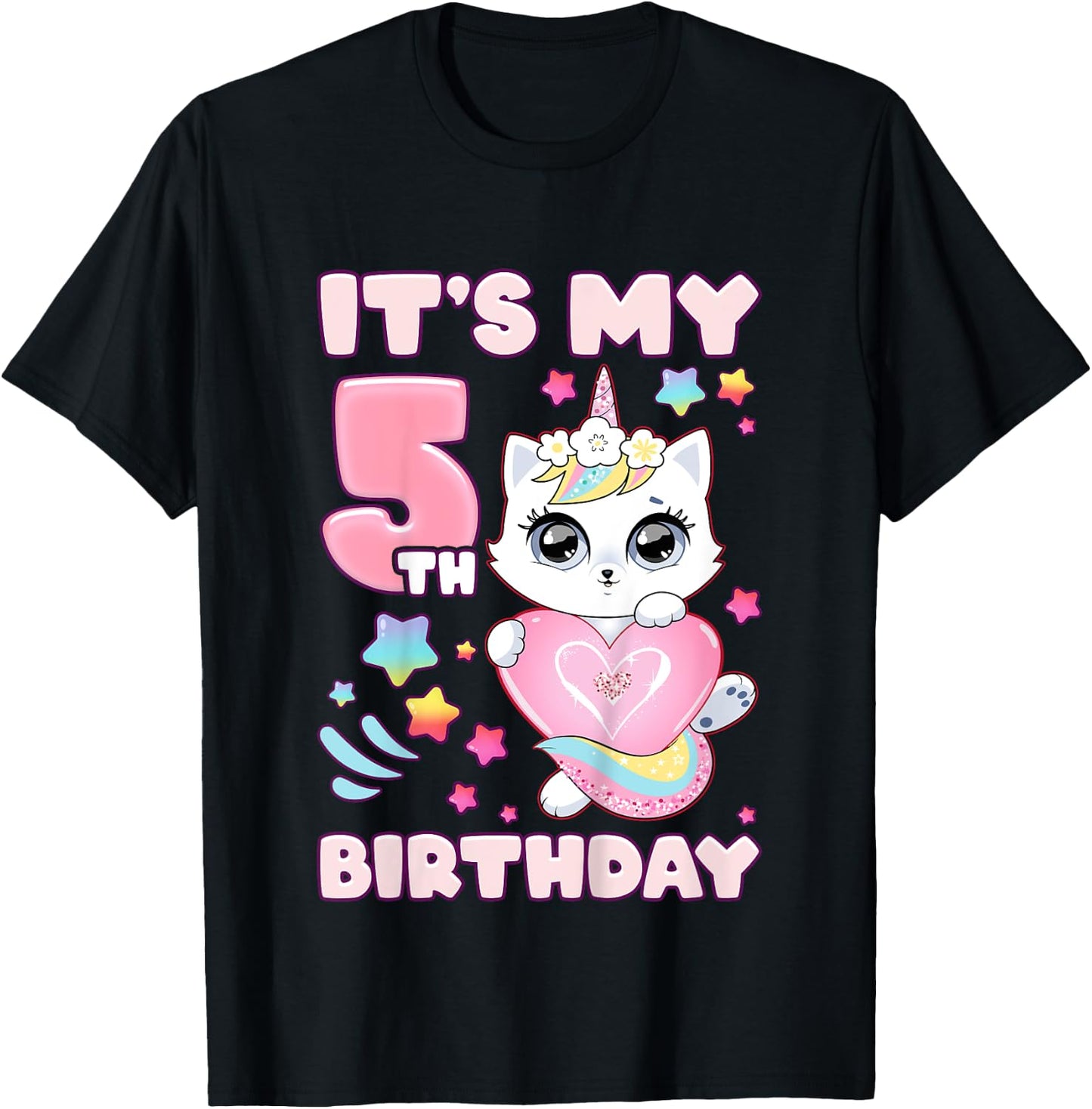 Birthday girl 5 years old, cat, unicorn, 5th birthday T-Shirt - T-Shirt | Black