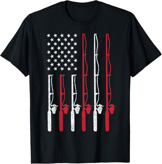 American Flag Fishing Shirt Vintage Fishing Women Kids Men T-Shirt - T-Shirt | Black