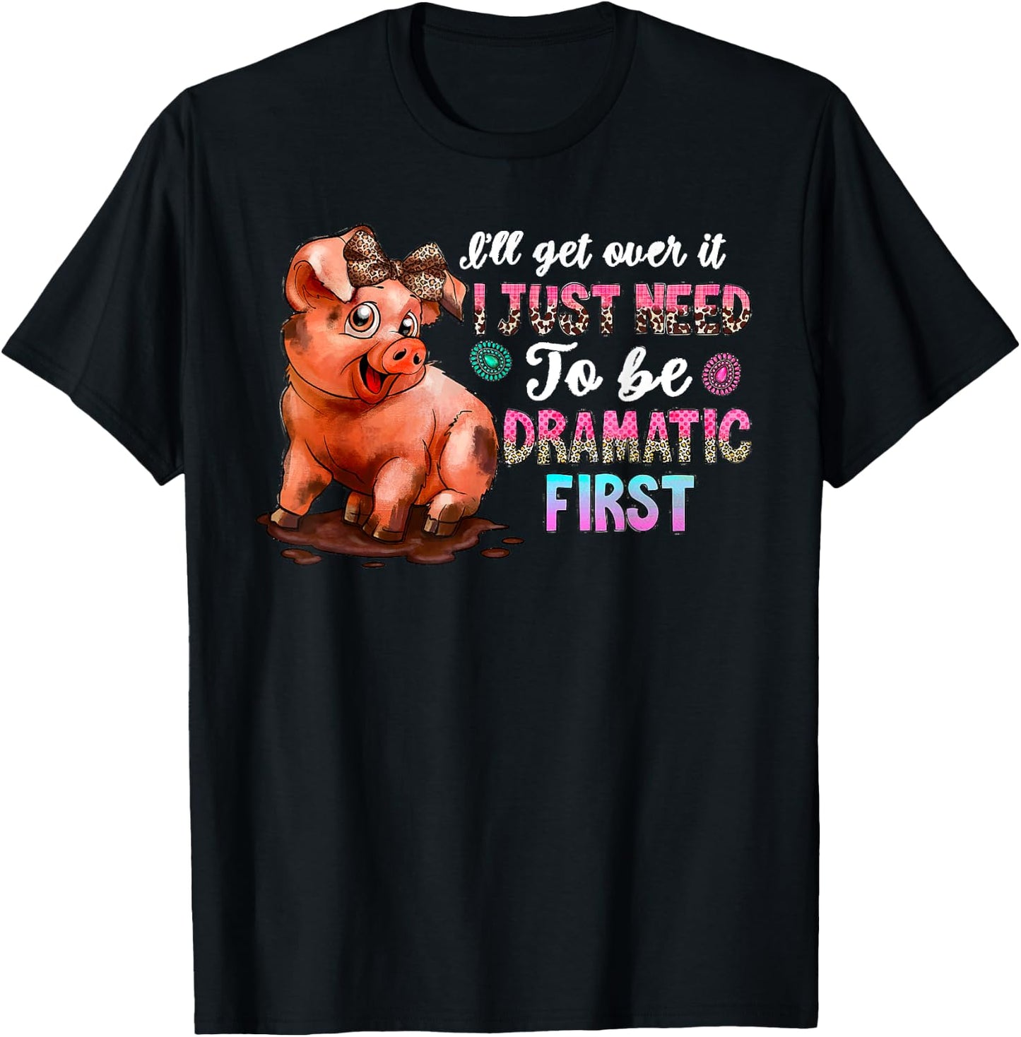 Funny Dramatic Pig Kawaii Leopard Bow Cute Farm Animal Lover T-Shirt - T-Shirt | Black