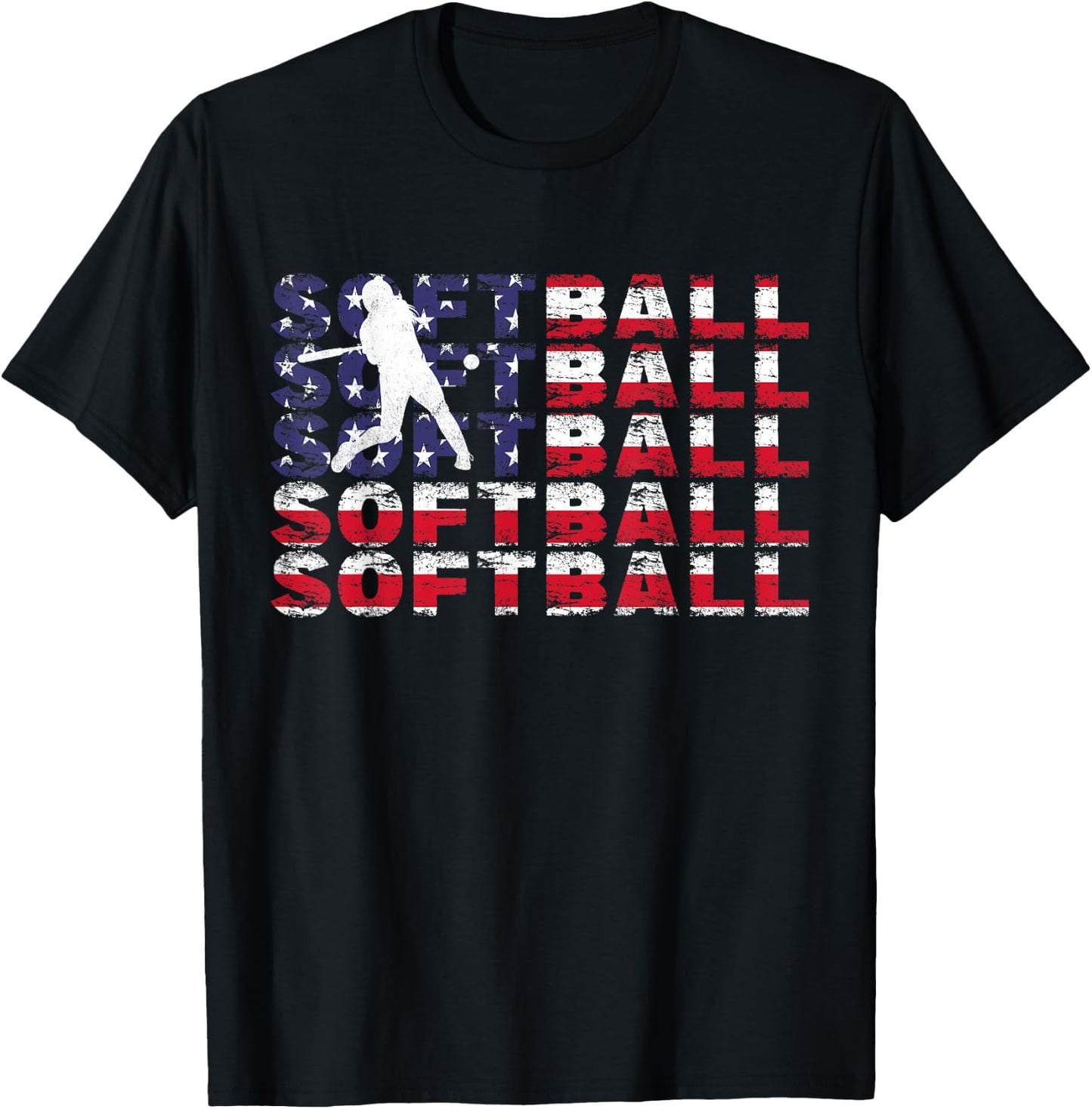 4th of July Softball American Flag Vintage Patriotic T-Shirt - T-Shirt | Black