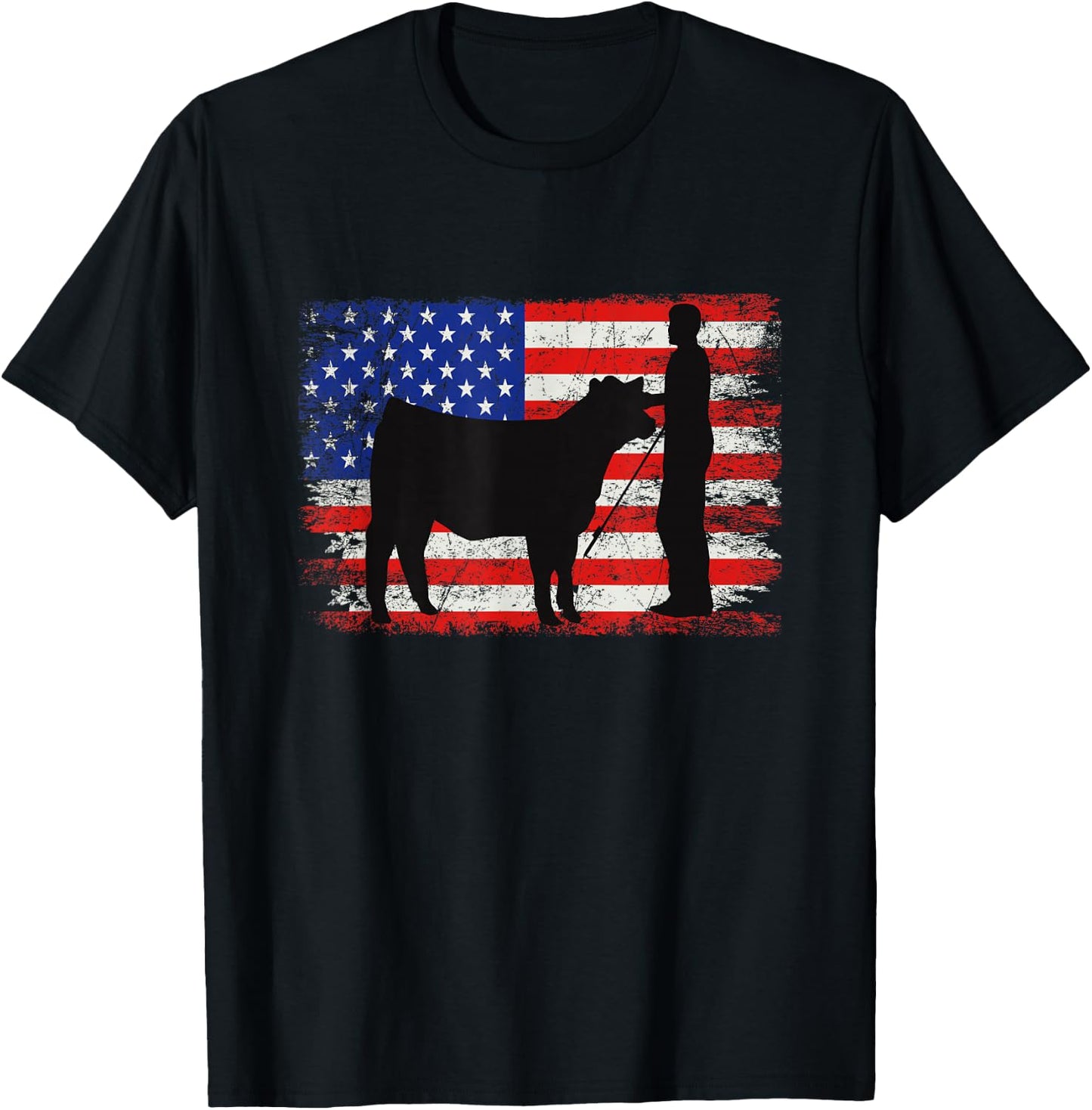 Cattle American Patriotic USA Flag - Fun Cattle Show T-Shirt - T-Shirt | Black