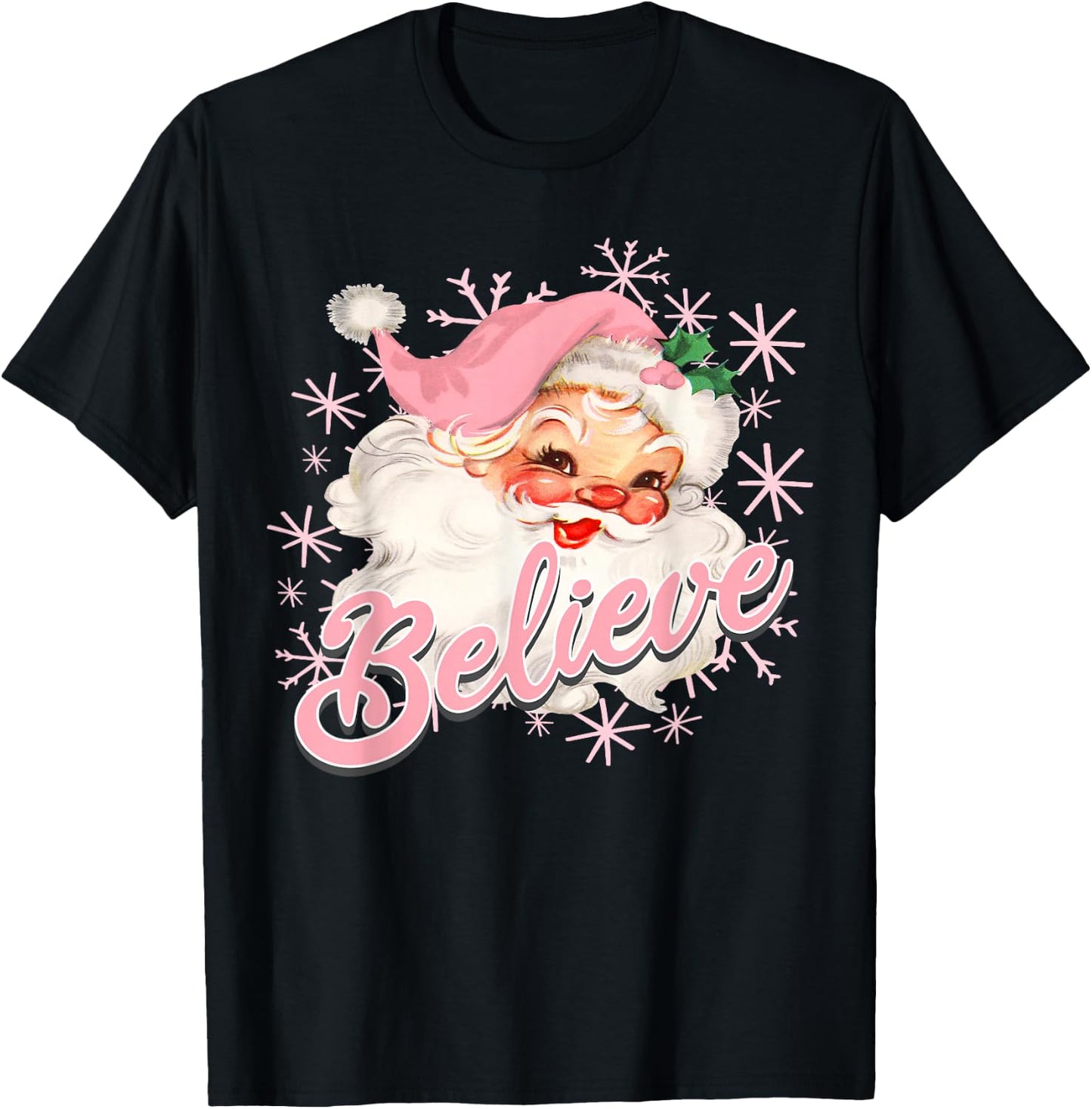 Vintage Pink Santa Claus Believe Christmas Holiday Kids T-Shirt - T-Shirt | Black