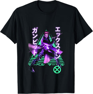 Marvel X-Men Anime Style Gambit Neon Kanji Portrait T-Shirt - T-Shirt | Black