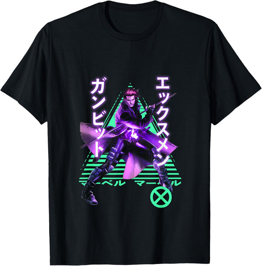 Marvel X-Men Anime Style Gambit Neon Kanji Portrait T-Shirt - T-Shirt | Black