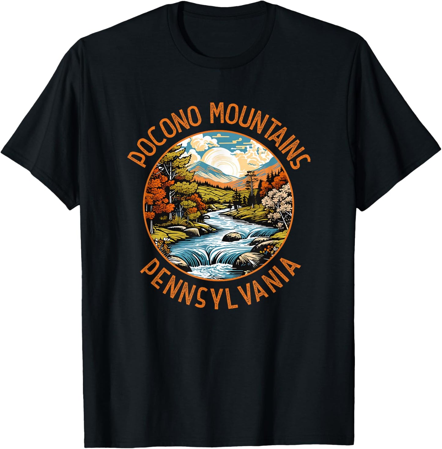 Pocono Mountains Pennsylvania Sunset Retro Distressed Circle T-Shirt - T-Shirt | Black