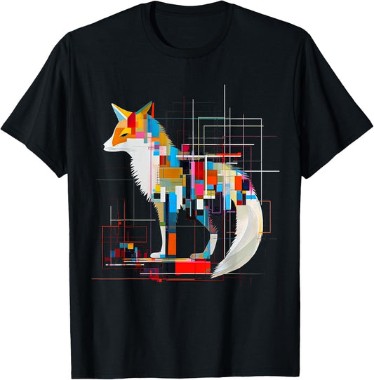 Fox Geometric Artwork Colorful | Animal Motif Fox T-Shirt - T-Shirt | Black