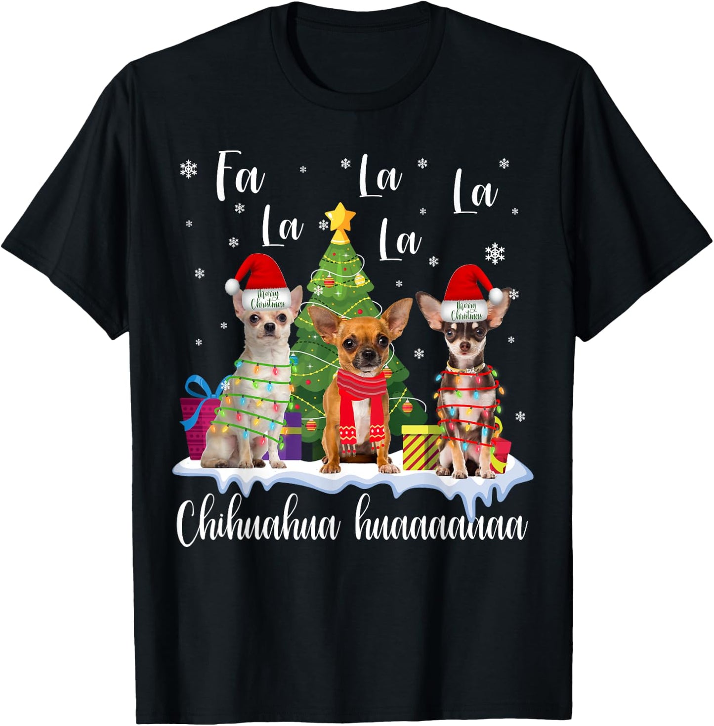 Chihuahua Dog Xmas Fa La La La Funny Ugly Christmas Sweater T-Shirt - T-Shirt | Black