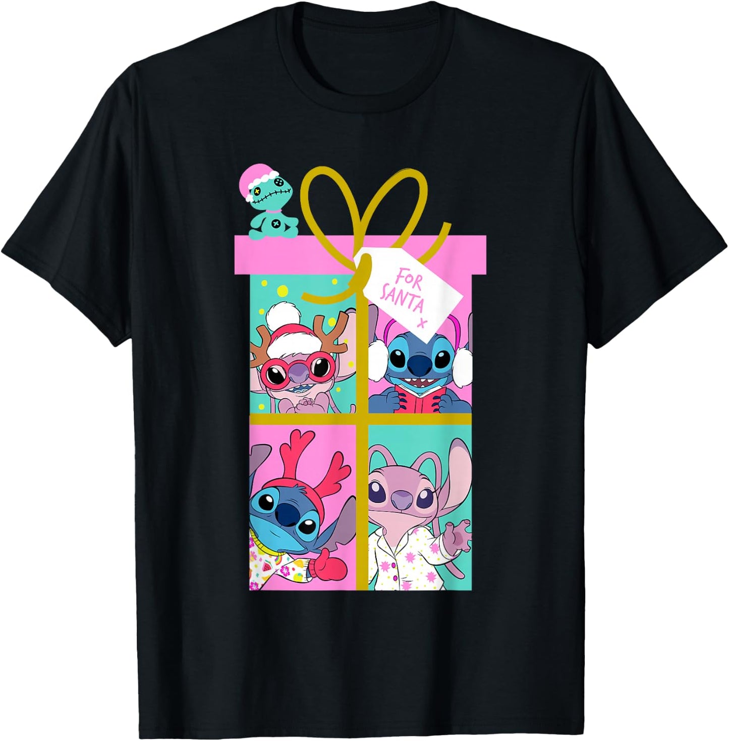 Disney Lilo & Stitch Christmas Angel & Stitch Gift Santa T-Shirt - T-Shirt | Black