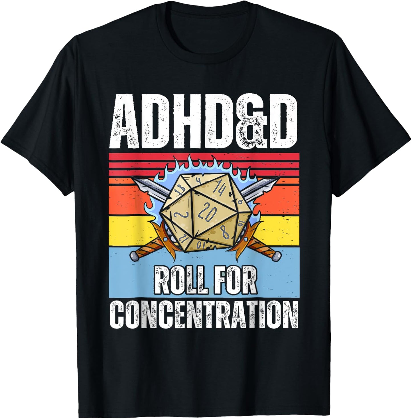 Retro Vintage ADHD&D Roll For Concentration Funny Gamer T-Shirt - T-Shirt | Black
