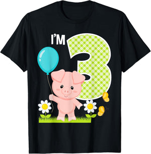 Pig 3rd Birthday Toddler 3 Year Old Birthday Boy Piglet Bday T-Shirt - T-Shirt | Black