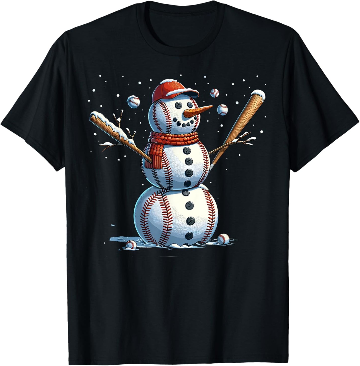 Snowman Baseball Christmas Winter T-Shirt - T-Shirt | Black
