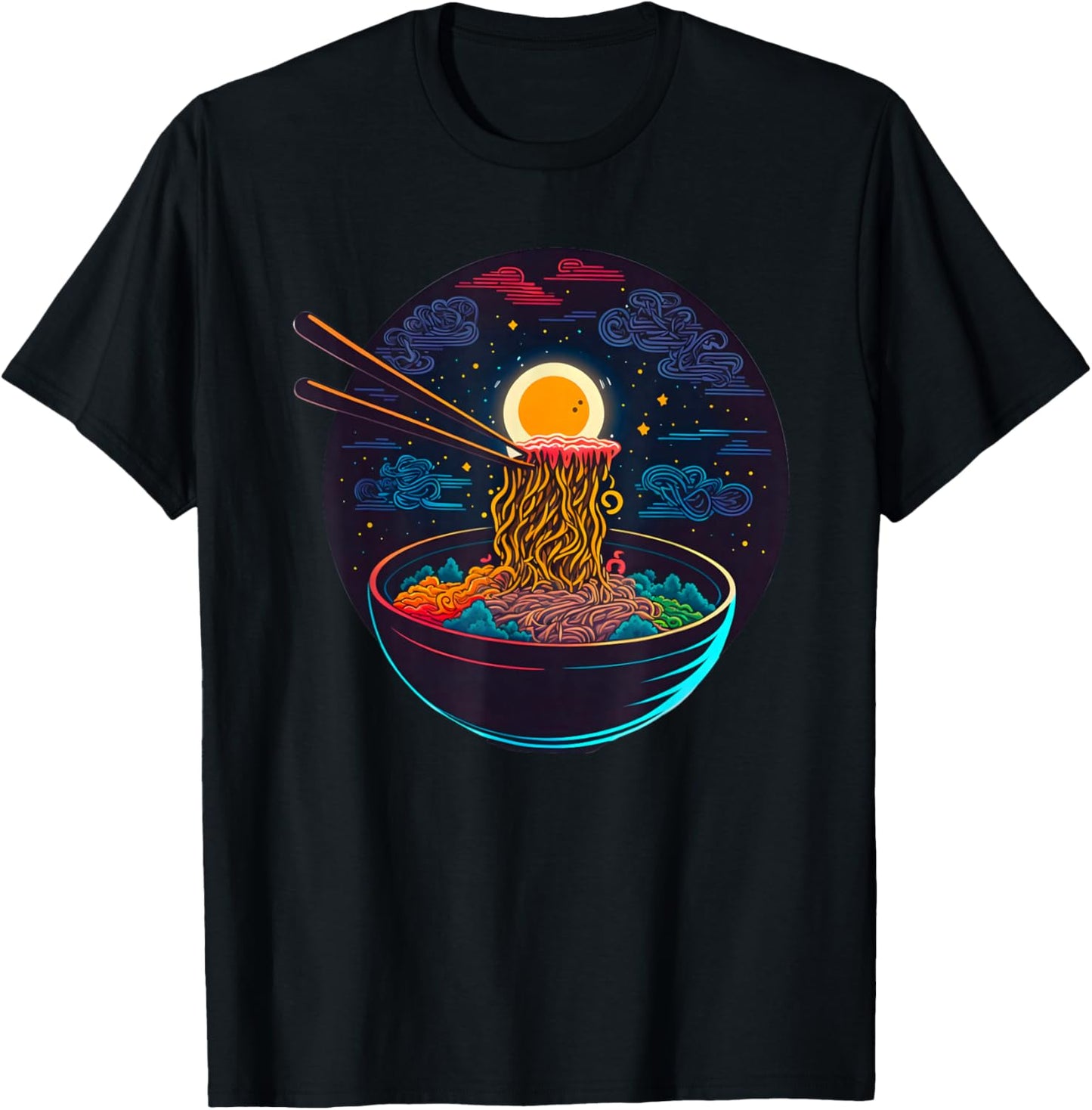 Japanese Moon Ramen Graphic Neon Retro Anime Noodles Art T-Shirt - T-Shirt | Black