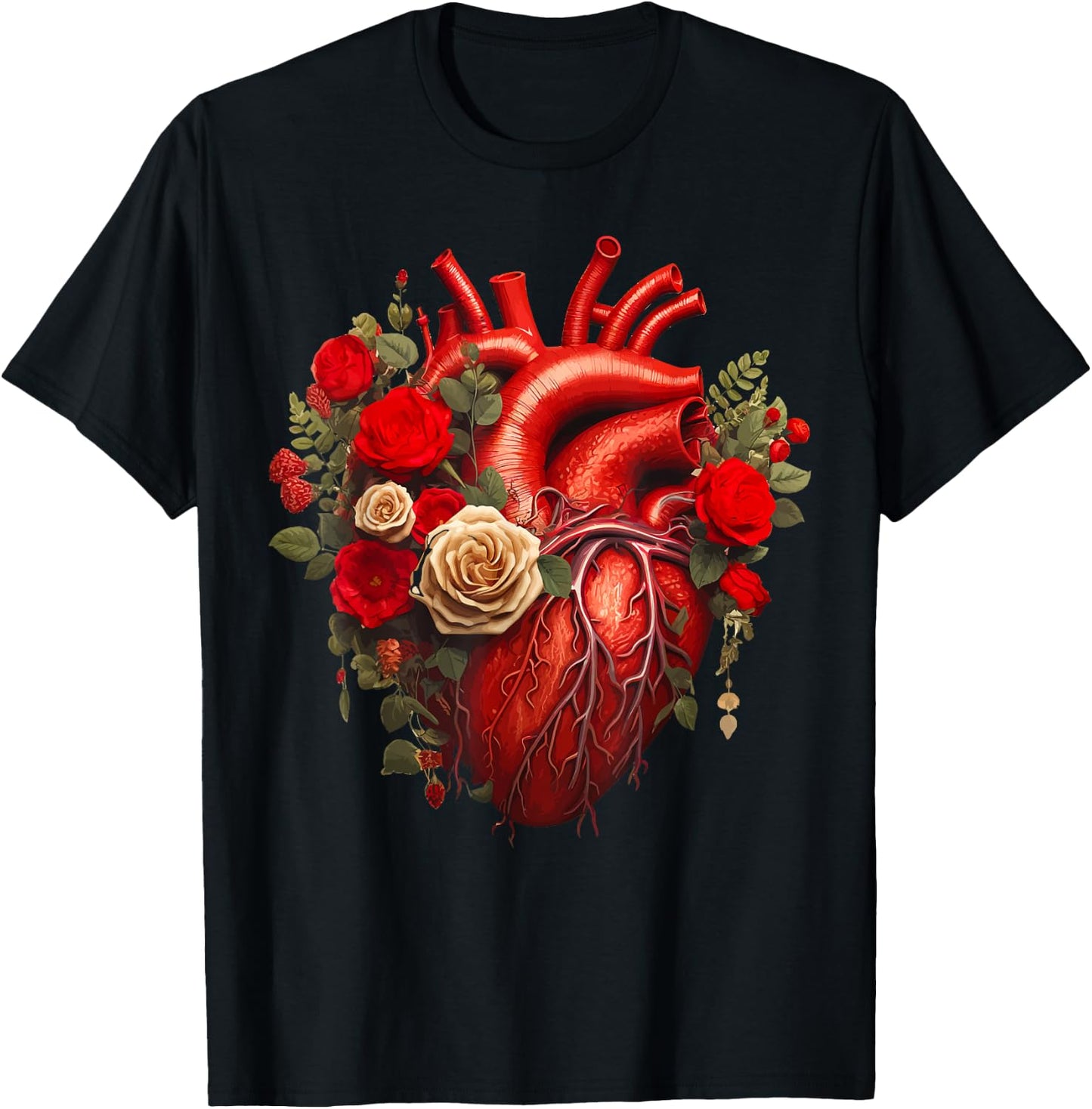 Cardiology Medical Cardiac Nurse Floral Anatomical Heart T-Shirt - T-Shirt | Black