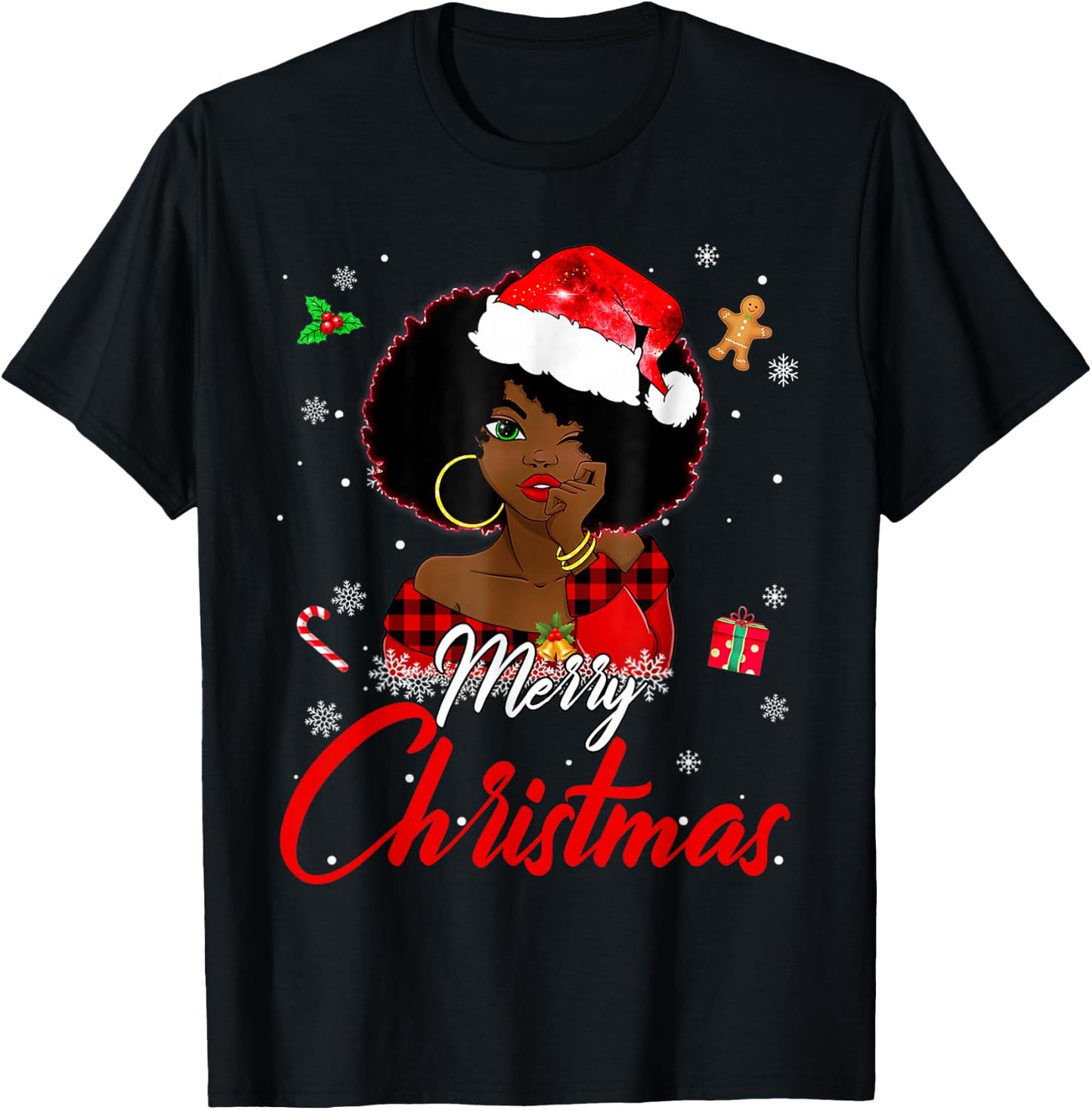 Black African Girl American Melanin Christmas Santa Hat Xmas T-Shirt - T-Shirt | Black