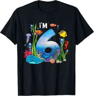 Kids 6 Year Old Ocean Life Whale Dolphin Shark 6th Birthday T-Shirt - T-Shirt | Black