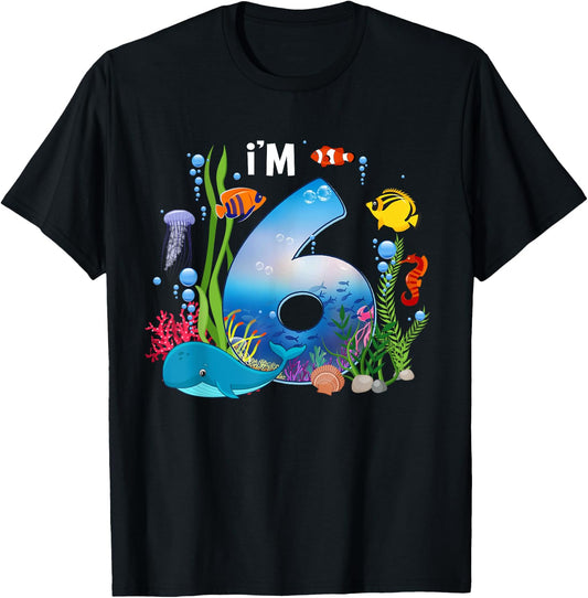 Kids 6 Year Old Ocean Life Whale Dolphin Shark 6th Birthday T-Shirt - T-Shirt | Black