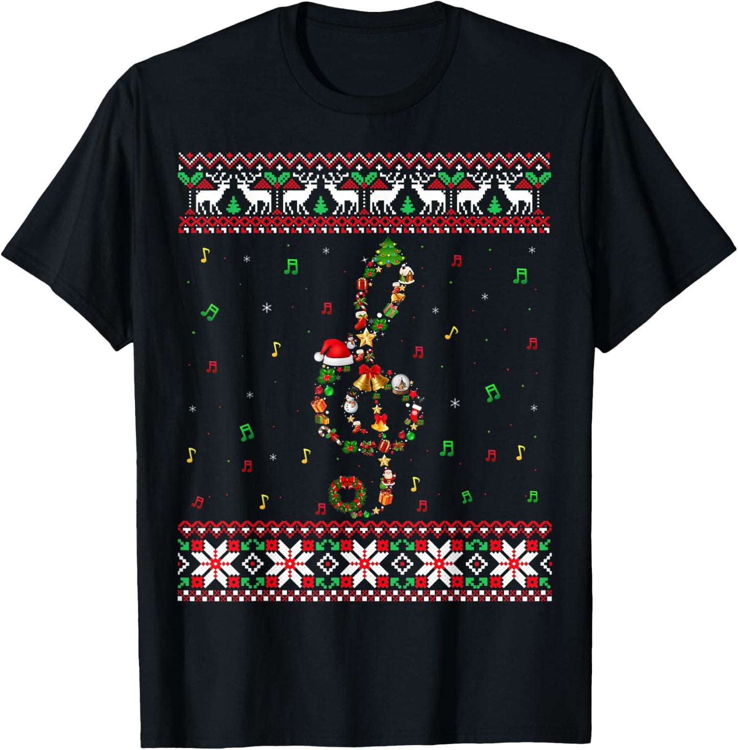 Music Note Christmas Ugly Sweater Musical Teacher Sing Women Kids T-Shirt - T-Shirt | Black