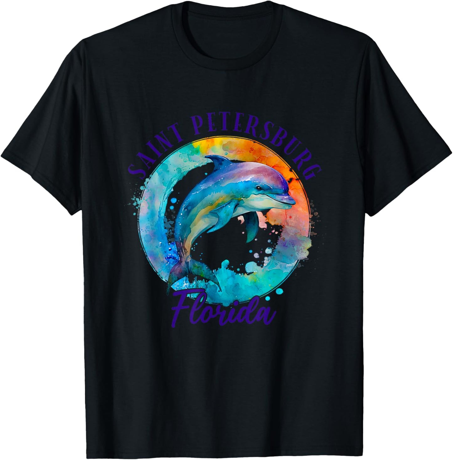 Saint Petersburg Florida Happy Watercolor Dolphin T-Shirt - T-Shirt | Black