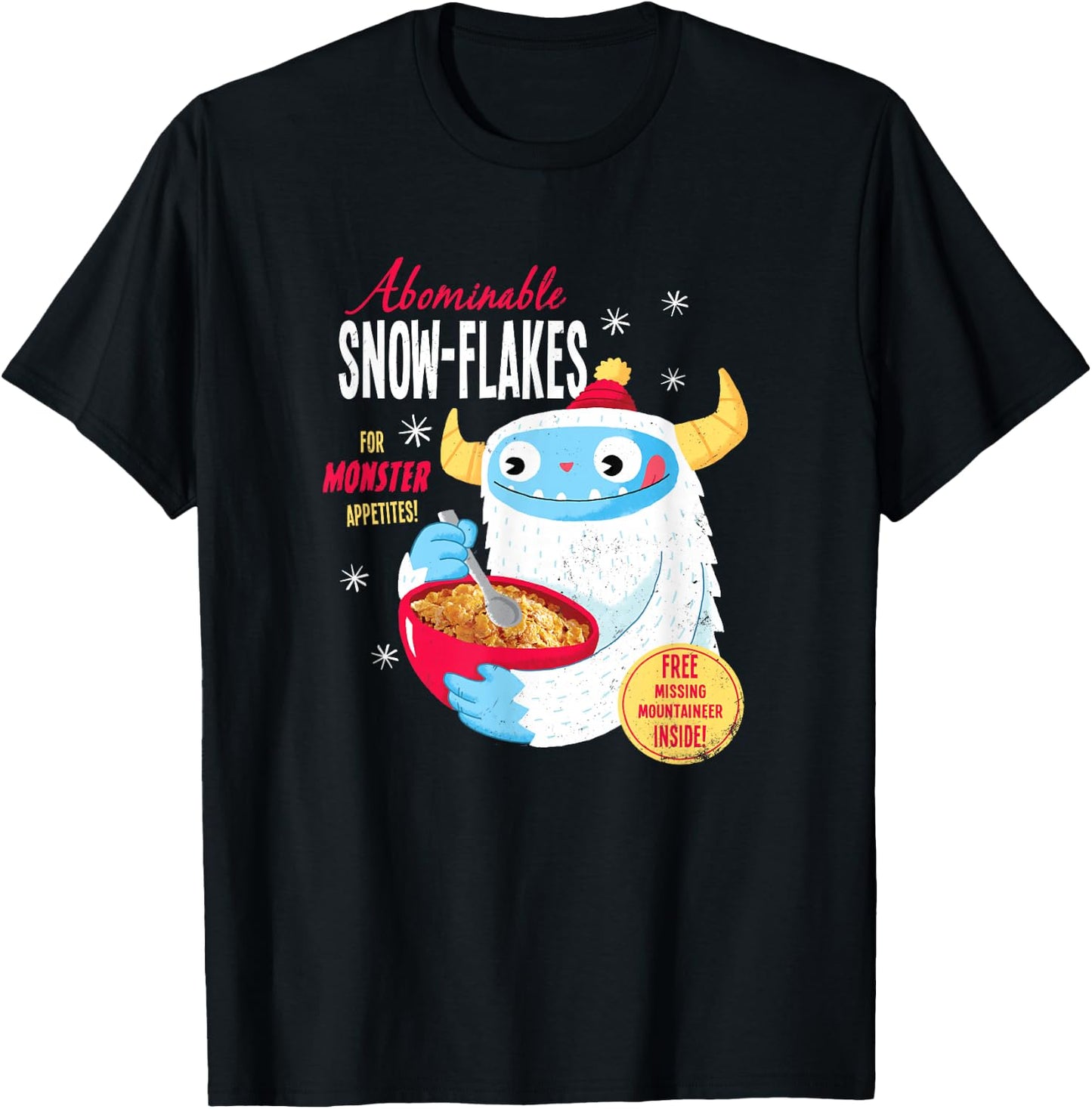 Yeti Cereal: Abominable Snowflakes- Official DinoMike Design T-Shirt - T-Shirt | Black