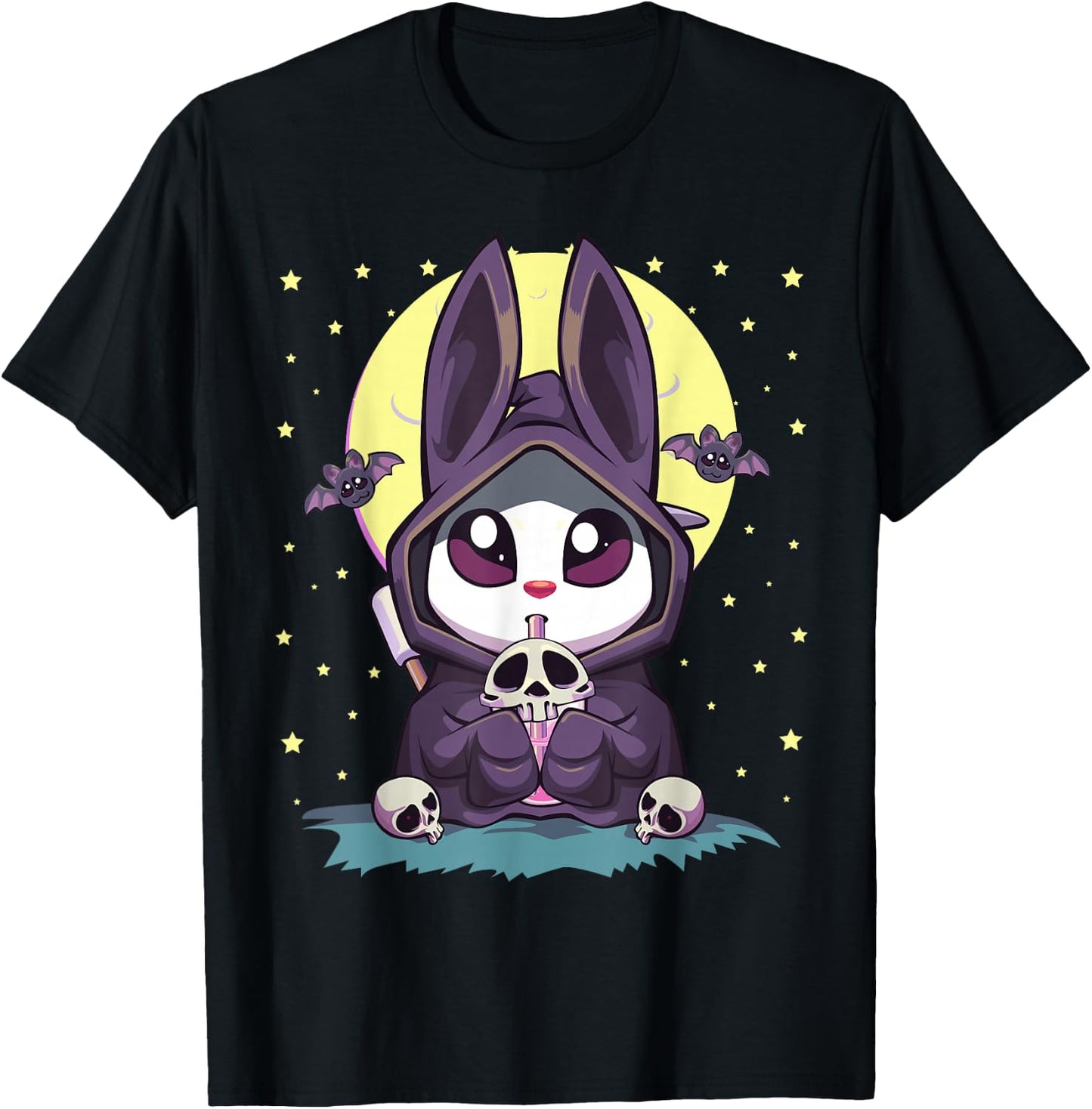 Pastel Goth Kawaii Anime Moon Bunny Reaper With Boba Tea T-Shirt - T-Shirt | Black