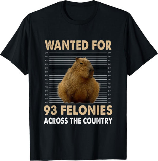 Capybara Mugshot Wanted For 93 Felonies Across The Country T-Shirt - T-Shirt | Black