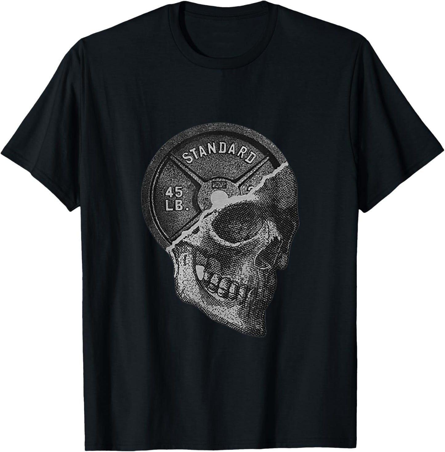 Skull & 45 lbs Plate Weight Lifting Graphic Gym Working Out T-Shirt - T-Shirt | Black