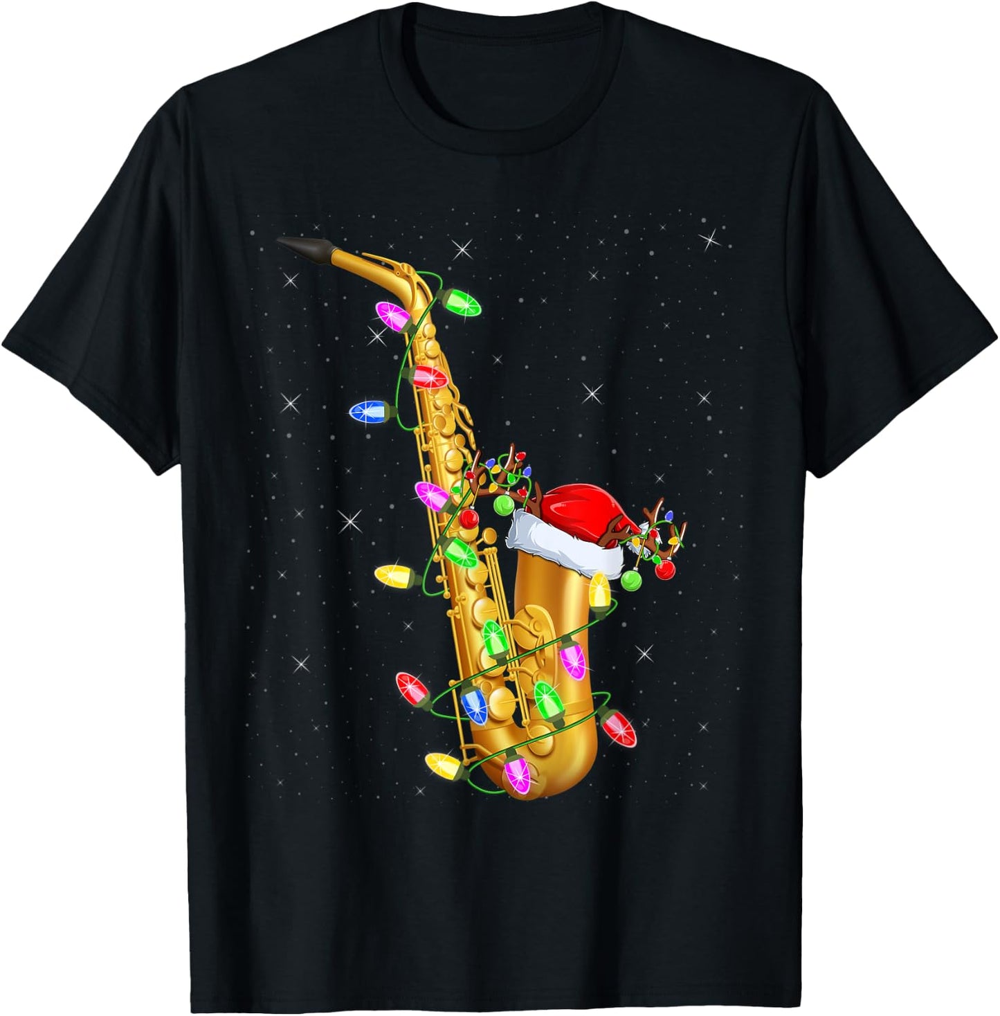 Saxophone Music Lover Xmas Lights Santa Saxophone Christmas T-Shirt - T-Shirt | Black
