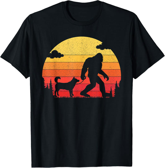 Retro Bigfoot Silhouette Walking Siberian Husky Dog Women Kids T-Shirt - T-Shirt | Black