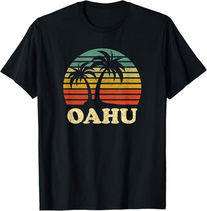 Vintage Oahu Hawaii Beach Palm Tree Retro Vacation Souvenir T-Shirt - T-Shirt | Black