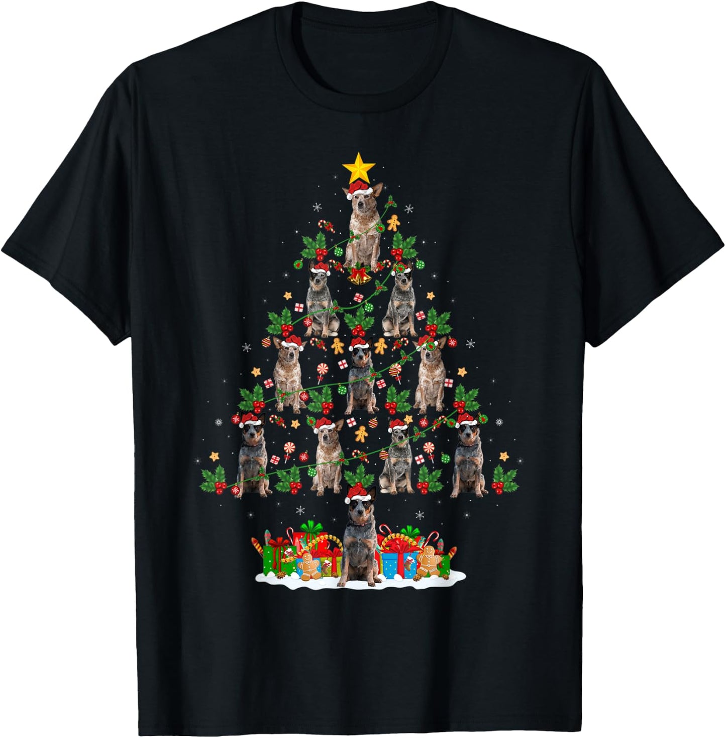 Xmas Lights Santa Australian Cattle Dog Christmas Tree T-Shirt - T-Shirt | Black