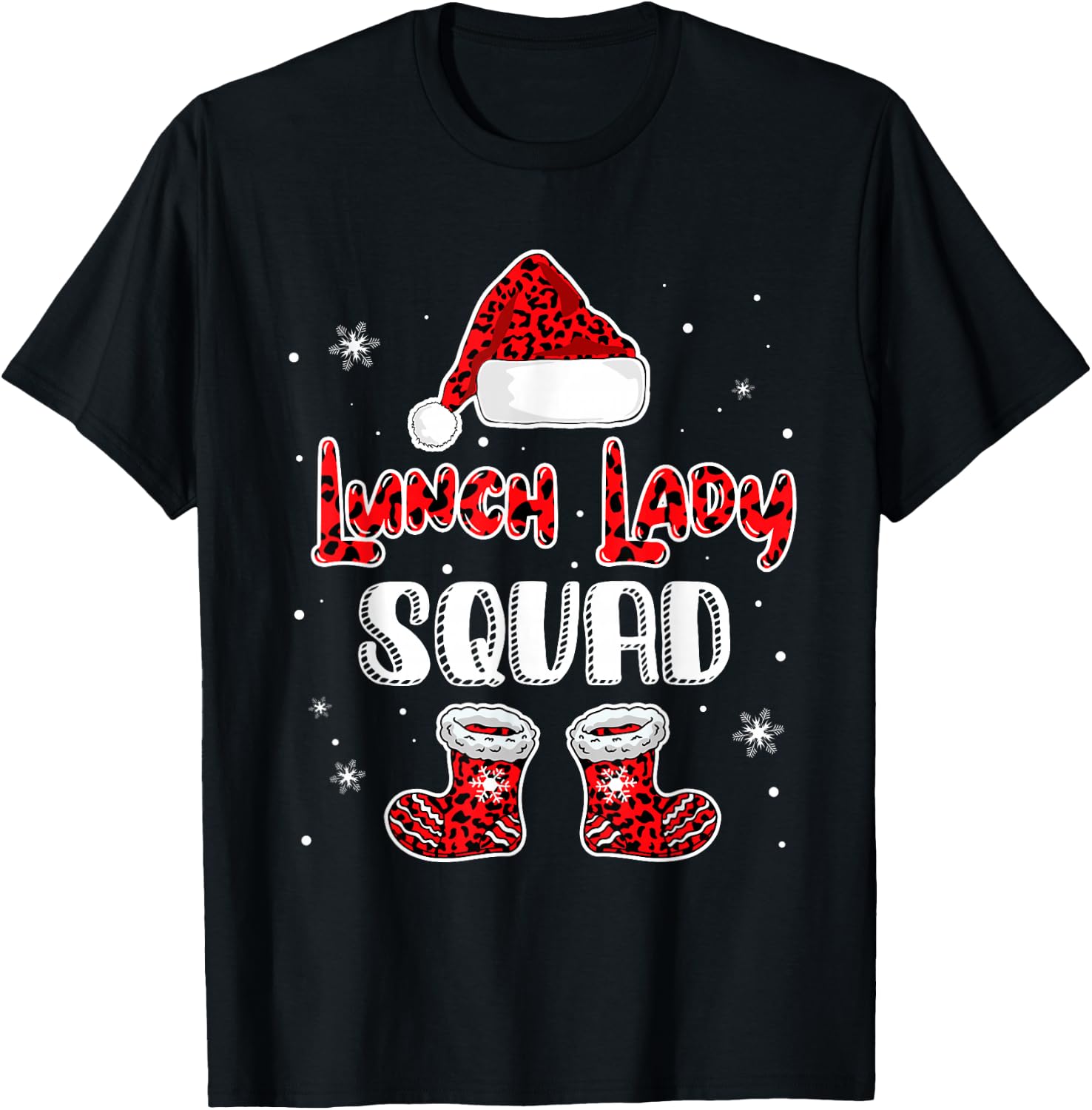 Lunch Lady Squad Leopard Santa's Hat Christmas Lunch Lady T-Shirt - T-Shirt | Black