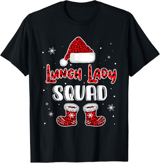 Lunch Lady Squad Leopard Santa's Hat Christmas Lunch Lady T-Shirt - T-Shirt | Black