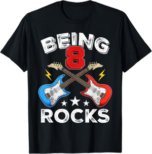 Being 8 Rocks Guitar Eight Years Funny 8th Birthday Kids T-Shirt - T-Shirt | Black