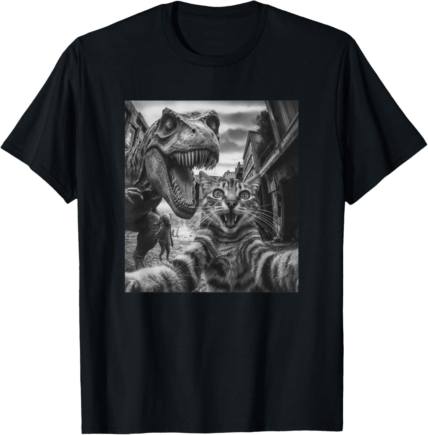 Cat T Rex Dinosaur Selfie Funny Retro Classic Photo T-Shirt - T-Shirt | Black