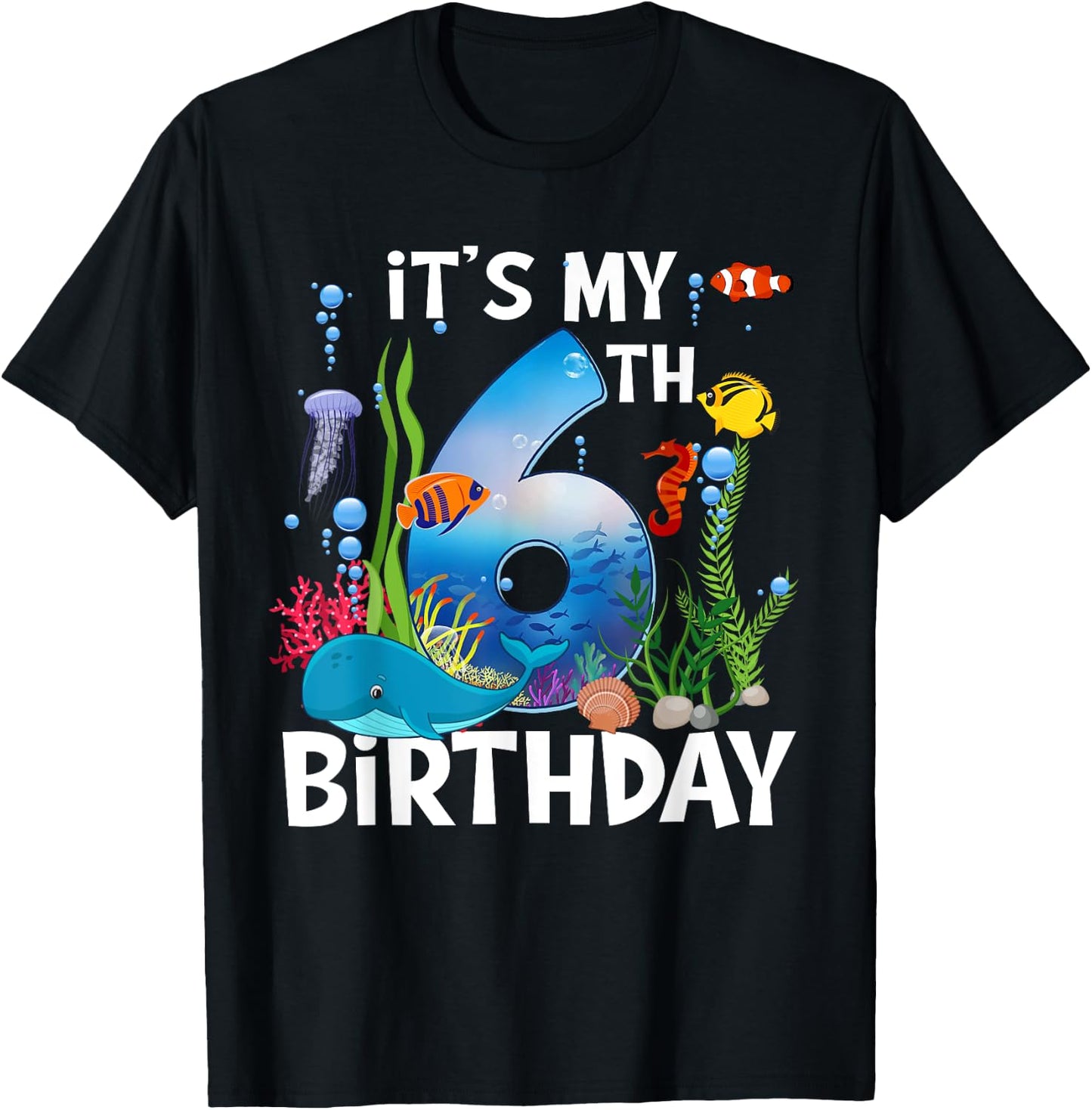 Kids 6 Year Old Ocean Life Whale Dolphin Shark 6th Birthday T-Shirt - T-Shirt | Black