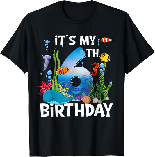 Kids 6 Year Old Ocean Life Whale Dolphin Shark 6th Birthday T-Shirt - T-Shirt | Black