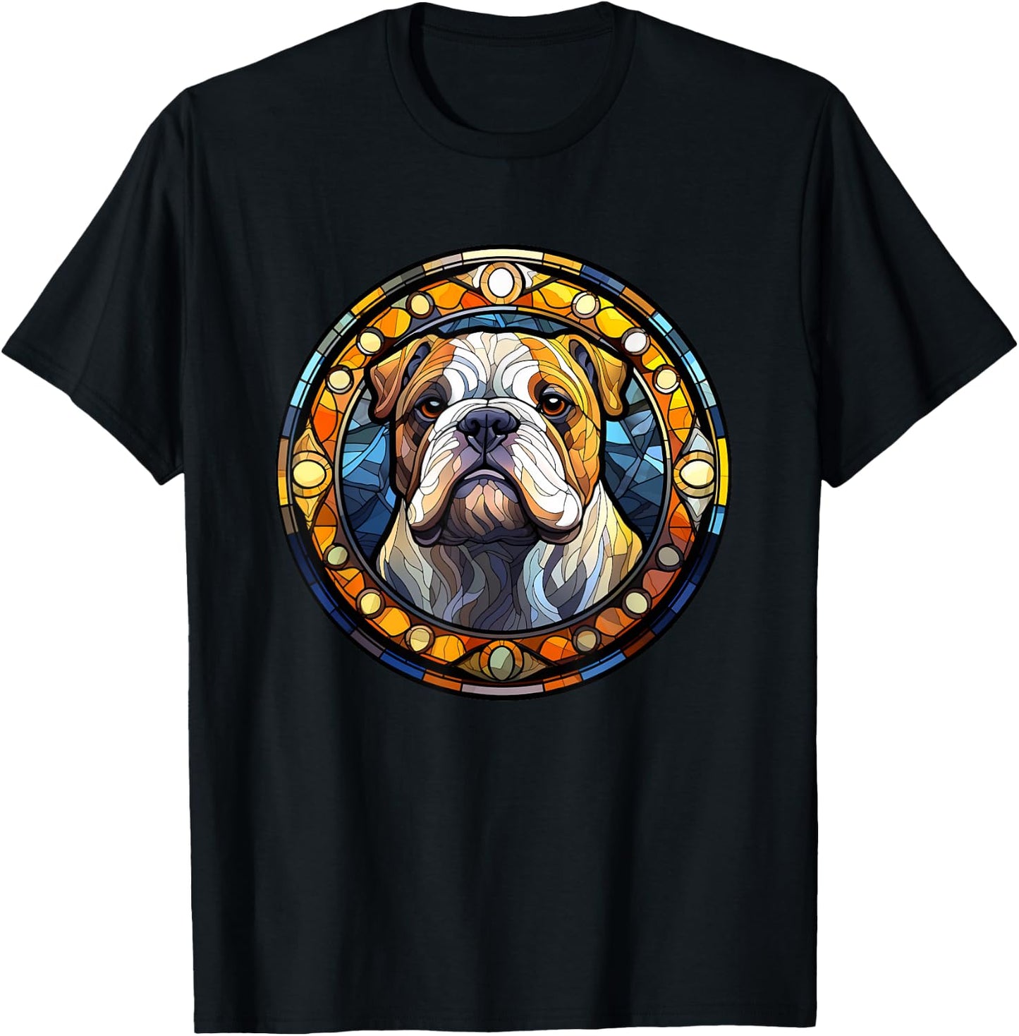 Bulldog Stained Glass Leadlight Artistic Design T-Shirt - T-Shirt | Black